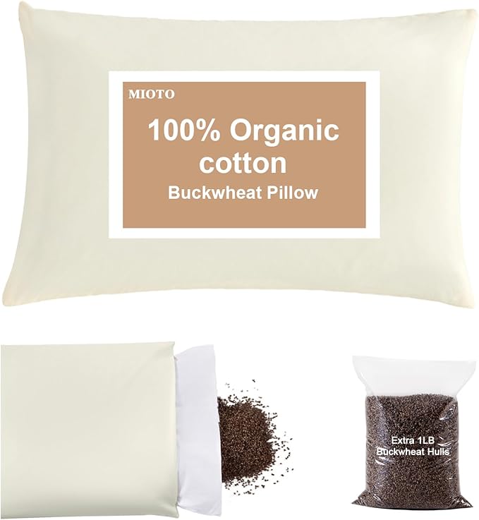 Organic Buckwheat Pillow for Sleeping with Dual-Layer Pillowcase and Extra Tartary Buckwheat Hulls, Adjust Height and Firmness, Neck Support Pillow for Back and Side Sleepers 16"x22"
