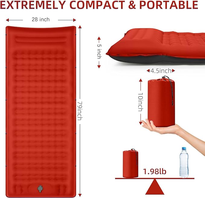 Camping Sleeping Pad, Extra Thick 5 Inch Camping Mat with Pillow Built-in Foot Pump Inflatable Sleeping Pads Compact for Camping Backpacking Hiking Traveling Tent（Orange-Black）