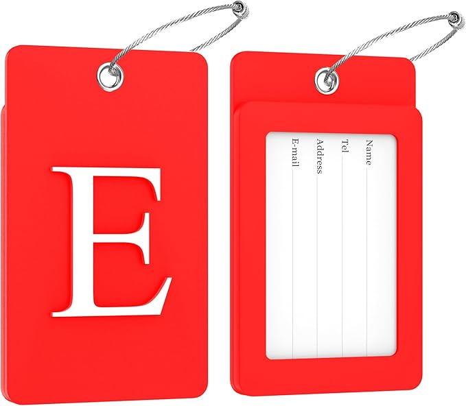 Gostwo 2 Pack Luggage Tags for Suitcases, 26 Initial Letter Travel Luggage Baggage Identification Labels ID Tag Fully Bendable Tags with Stainless Steel Loop (Red) (Letter E)