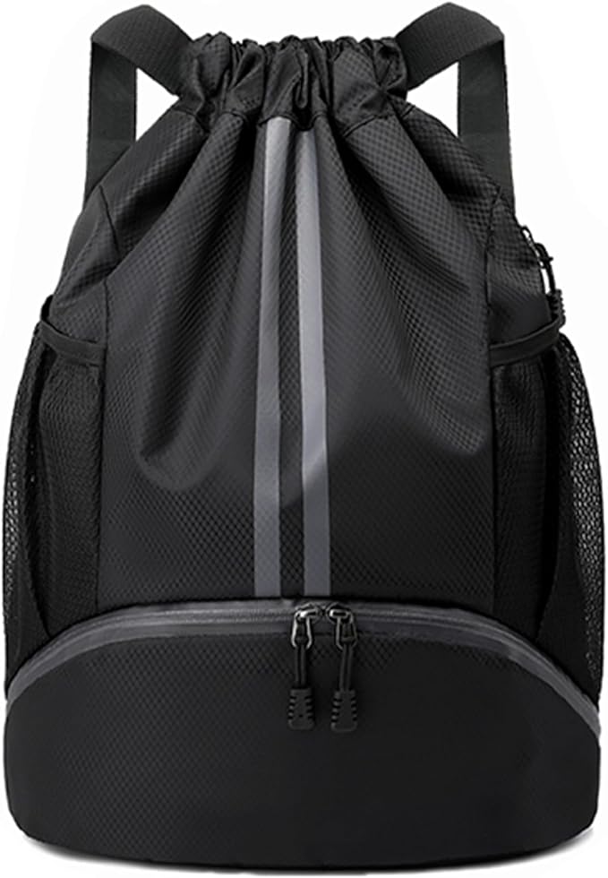 Drawstring Backpack Gym Bag with Shoes Compartment for Soccer, Basketball, Swim, Water-Resistant String Backpack Beach Cinch for Women Men, Black, Medium
