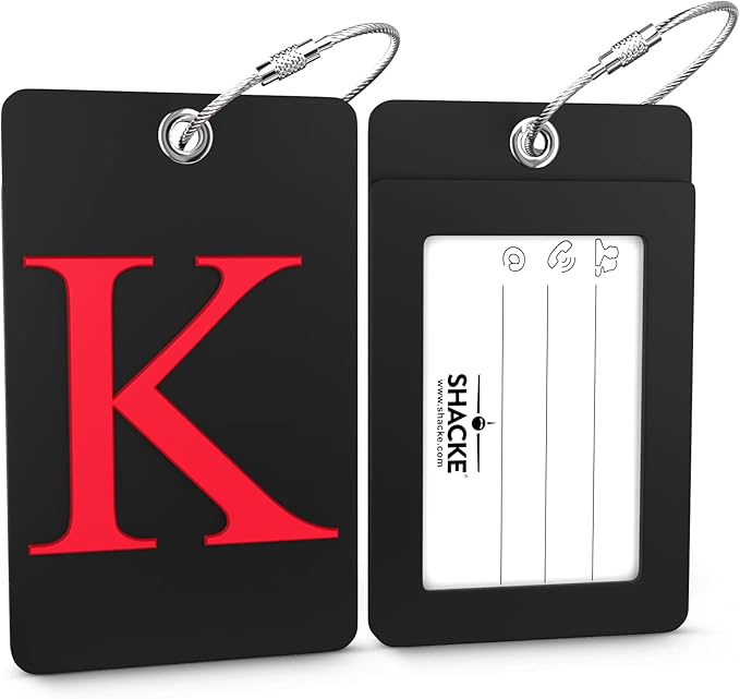 Shacke Luggage Tag Initial - Fully Bendable Tag w/Stainless Steel Loop - Black (Letter K)