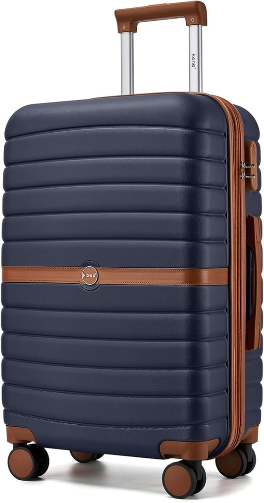 Kono Expandable 24 Inch Luggage with Spinner Wheels, Medium Checked Luggage with Lock, Lightweight & Anti-Scratch PC+ABS Hardshell Travel Suitcase, Navy/Brown