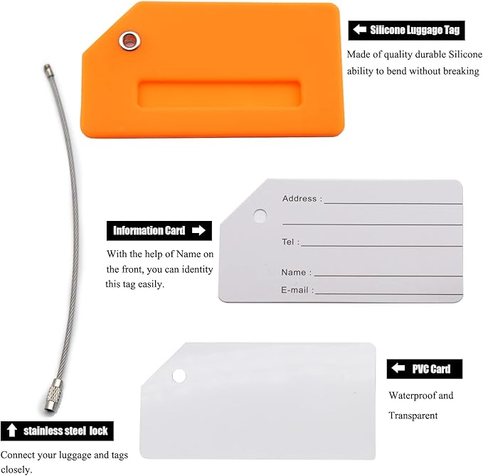 7 Pack Silicone Luggage Tag Baggage Handbag Travel Suitcase Tags with Name ID Card Perfect to Quickly Spot Luggage Suitcase (Orange