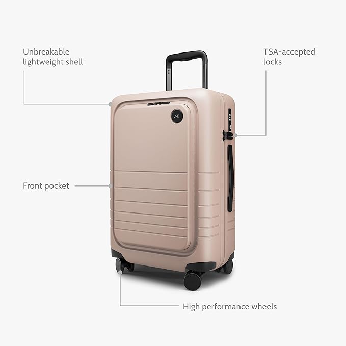 Monos Carry-On Pro Plus Luggage (23"), Hardside Spinner Suitcase with TSA Lock & Front Pocket, Airline Approved, Rose Quartz, Pink