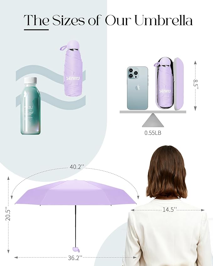 Seniny Mini Portable Travel Umbrella with Case - Compact Umbrellas for Rain & Sun UV Protection for Backpack Pocket, Lightweight Folding Small Umbrella, Tiny Purse Size UV Blocker for Kids Women Girls