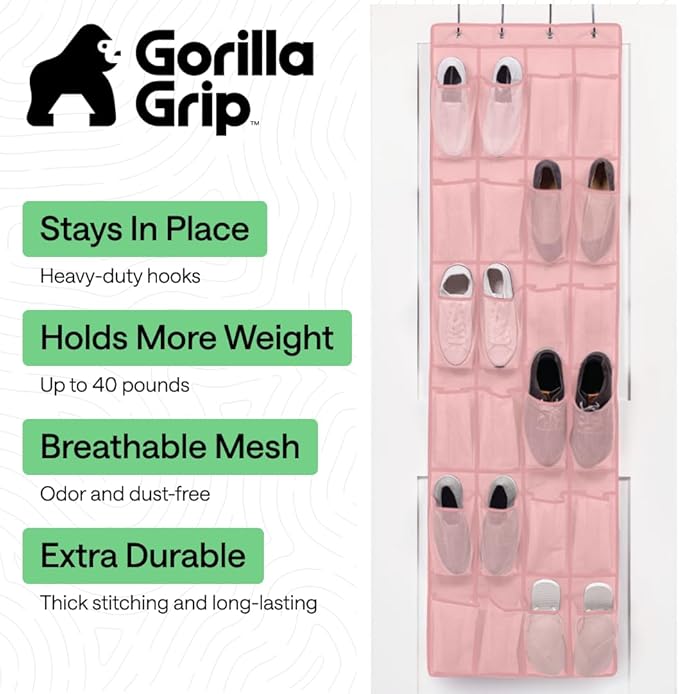 GORILLA GRIP Over the Door Shoe Organizer, 24 Large Breathable Mesh Pockets, Space Saving Hanging Storage Holder, Closet Rack Hanger Holds Up to 40 lbs, Hangs on Closets for Shoes, Accessories, Pink