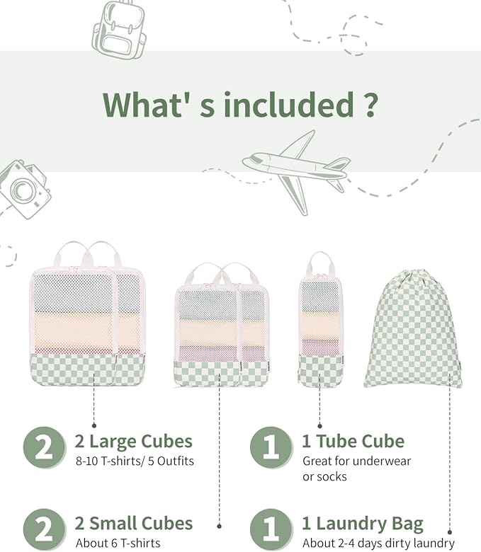Narwey 6 Set/5 Set Compression Packing Cubes for Travel Kids Women Carry on, Packing Organizers Bag for Backpack Luggage Suitcase Duffle Bags
