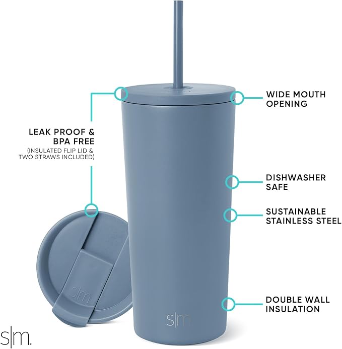 Simple Modern Classic Tumbler with Straw Lid | Insulated Iced Coffee Cup Reusable Stainless Steel Water Bottle Travel Mug | Gifts for Women Men Her Him | 20oz | Blue Dune