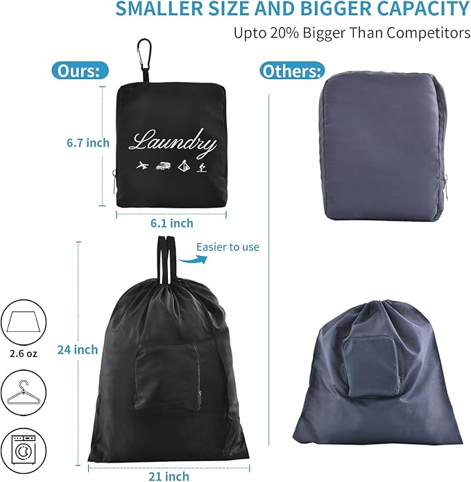 2 Pcs JHX Travel Laundry Bags, Dirty Clothes Organizer【Upgraded】with Handles and Aluminum Carabiner for Travel, Camp, Fitness, and Students (Black&Grey) 24"L x 21"W