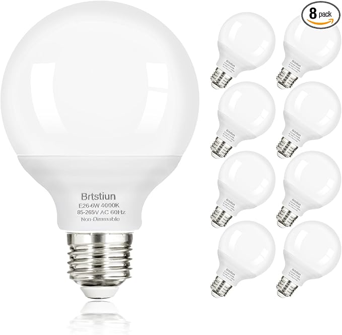Brtstiun G25 LED Light Bulbs, Round Vanity Light Bulbs for Bathroom, 40W Equivalent, Cool White 4000K, E26 Base Globe Light Bulb, 600LM, Non-Dimmable, 8-Pack
