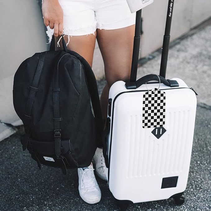 2 Pack Luggage Tags for Travel PU Leather Luggage Tag Name ID Labels with Privacy Cover for Suitcases Women Men Kids Girls (Black and White Grid)
