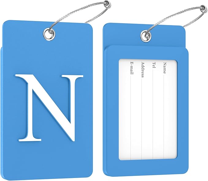 Gostwo 2 Pack Luggage Tags for Suitcases, 26 Initial Letter Travel Luggage Baggage Identification Labels ID Tag Fully Bendable Tags with Stainless Steel Loop (Blue) (Letter N)