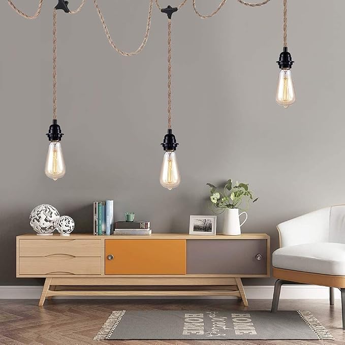 3-Light Hanging Light with Plug in Cord,Plug in Pendant Light 22ft Hemp Rope Pendant Lighting Vintage 3-Light Hanging Lamp Fixtures for Kitchen Island Living Room Bedroom