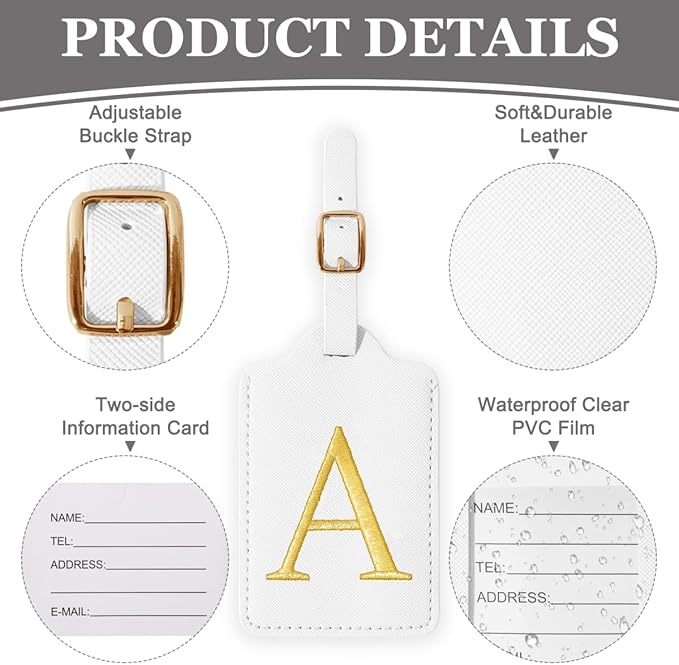 Personalized Initial Luggage Tags for Suitcases,Leather Letter Cute Luggage Tags with Privacy Name Card,Embroidered Monogrammed Travel Bag Backpack Tag Gifts for Women Kids Girls Teens(White-A)