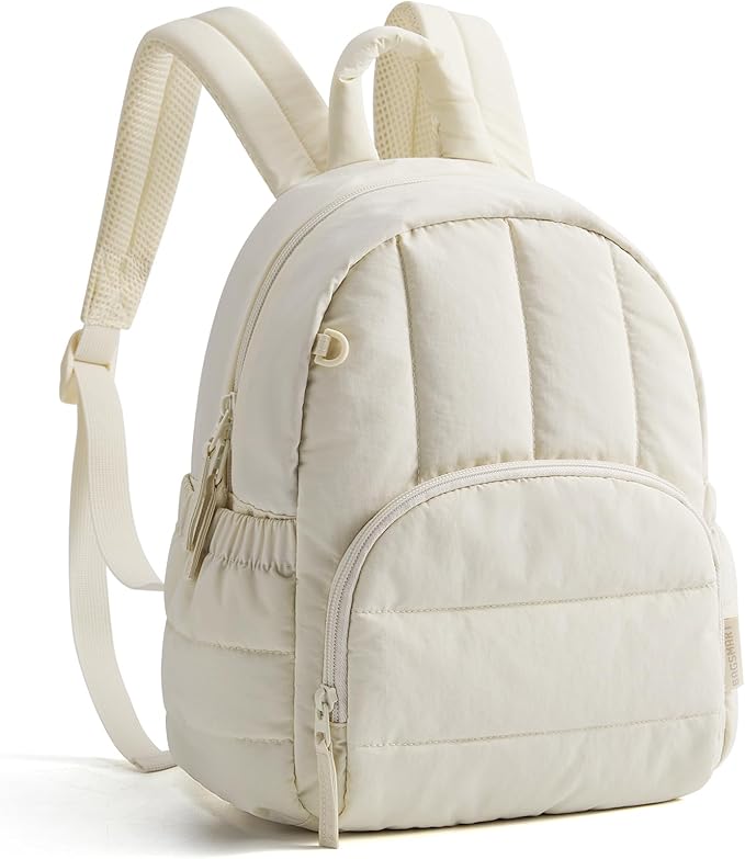 BAGSMART Mini Backpack for Women, Lightweight Puffer Small Backpack Purse, Quilted Casual Travel Daypack, Cute Water-Resistant Bookbag for Daily, Beige