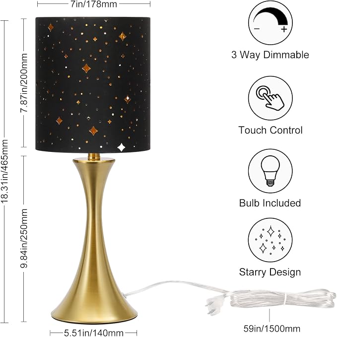 Touch Table Lamp,3 Way Dimmable Gold Bedside Lamp with Black Star Shade | Touch Control Nightstand Lamp, Decorative Ambient Bedside Light for Living Room, Bedroom, Dorm, Office, LED Bulb Included