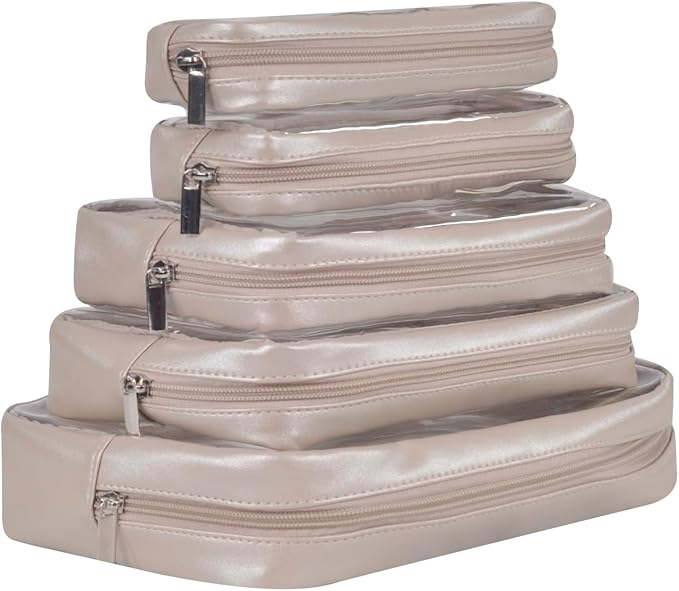 TSA Approved 5-Piece Diaper Bag Organizer Pouch Set Clear Waterproof TPU Kids Toiletry Storage Set Travel Packing Clutch Cube Bags for Baby Nursing (Pearl Grey)