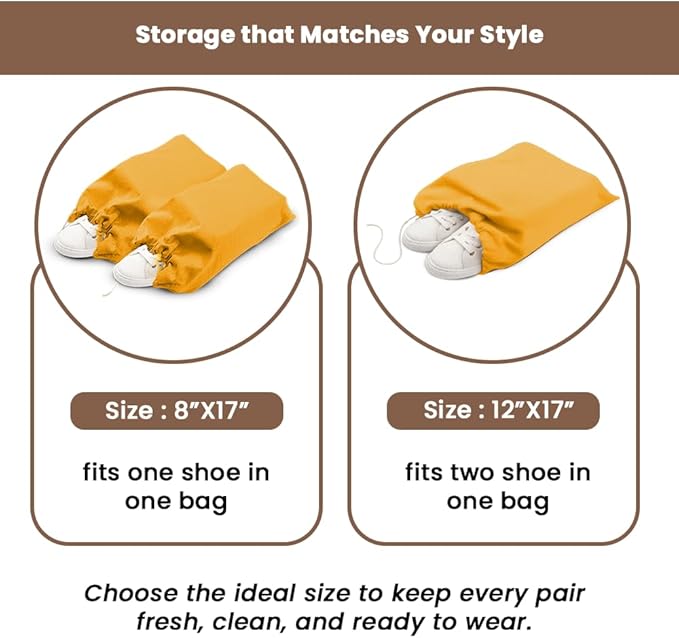 LFH Cotton Rich Shoe Storage Bags with Drawstring, Dustproof Breathable Reusable Organizer, Perfect For Travel, Dorm, Hotel, College, Gym, Easy to Carry, Machine Washable 8"x17" (Pack of 2) - Golden