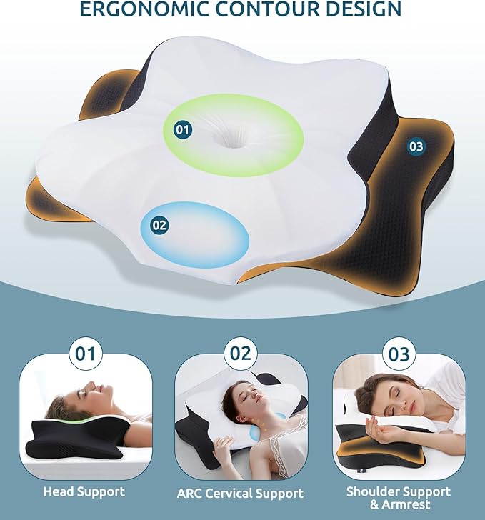Cervical Neck Pillow for Neck & Shoulder, Ergonomic Contour Memory Foam Pillows for Sleeping with Washable Pillowcase, Neck Support Pillow for Back Stomach Side Sleeper Standard Size Black