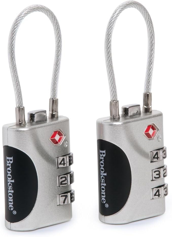 Brookstone Cable Lock - 2 Pack TSA-Approved 3-Digit Keyless Luggage Travel Lock - Resettable Combination Wire Padlock, Silver