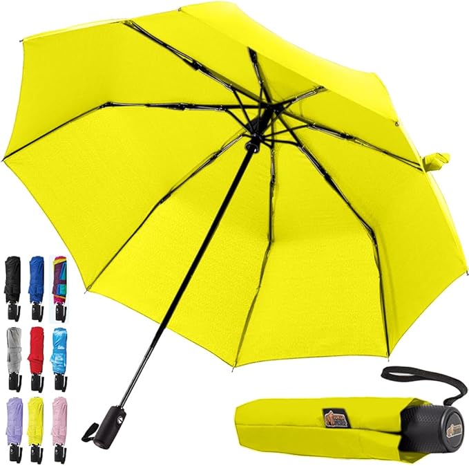GORILLA GRIP Strong Windproof Stick Compact Umbrella for Rain, One-Click Automatic Open and Close, Durable Quick Dry Waterproof Material, Lightweight and Portable, Travel Size Fits Backpack, Yellow