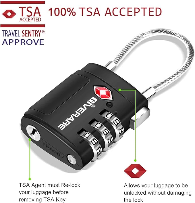 2 Pack TSA Approved Luggage Locks, Cable Travel Lock Alloy, Set Your Own Combination Metal Suitcase Zipper Padlock, 3-Digit Long Shackle Padlocks for Gym Locker, Golf Bag, Case Anti Theft-Black