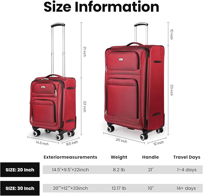 Softside Luggage Sets 2 Piece,Expandable15% Lightweight Durable Suitcase Sets Double Spinner Wheels & w/Combination LOCK（Red,20in/30in）