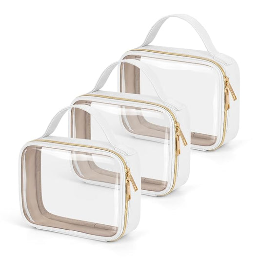 Wedama TSA Approved Toiletry Bag, 3 Pack Clear Makeup Bags with Handles, Quart Size PVC Clear Cosmetic Bags for Women and Men, Carry on Airport Airline Compliant Bag, White