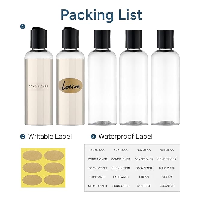 Travel Bottles for Toiletries 3.4 oz TSA Approved - 5 Pack Leak Proof Travel Size Containers, Clear Squeezable Plastic Bottles with Labels for Shampoo Lotion, Flight Cruise Gym Essentials