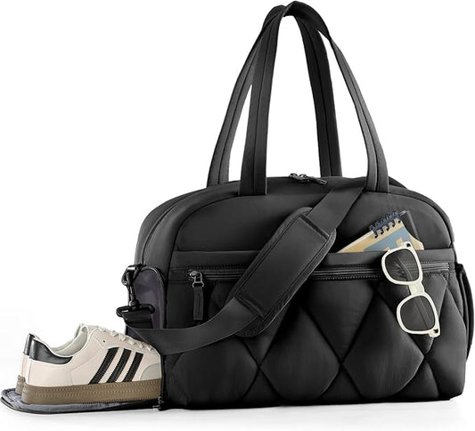 Gym Bag for Women, Puffer Travel Duffle Bag With Shoes Compartment & Wet Pocket, Carry On Tote Bag For Weekender, Overnight, Sport duffel bags for traveling (Black, Large)