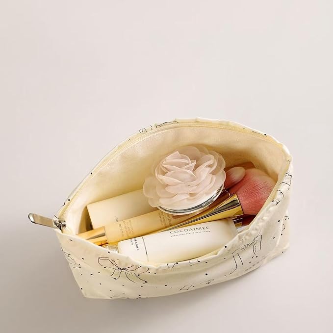 HAPPYHEIDI Makeup Bag Set,Cute Organizing Pouch, Cotton, Beige Bow Pattern, Zipper Closure, Large 10.2x7.8 Inches, Small 6.5x6.5 Inches, Lightweight