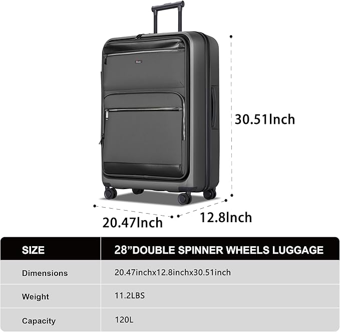 Luggage Sets 2 Piece, Carry On Luggage with Front Pocket & USB Port and 28 Inch Expandable Checked Luggage, Hybrid Soft Front & Hard Shell Suitcases with Spinner Wheels & TSA Lock, Grey