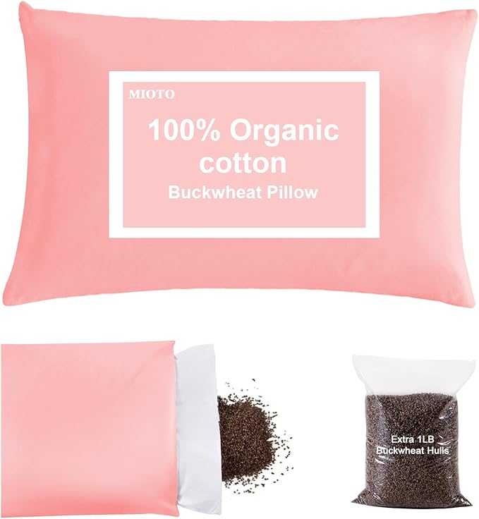 Organic Buckwheat Pillow for Sleeping with Dual-Layer Pillowcase and Extra Tartary Buckwheat Hulls, Adjust Height and Firmness, Neck Support Pillow for Back and Side Sleepers 14"x20", Pink