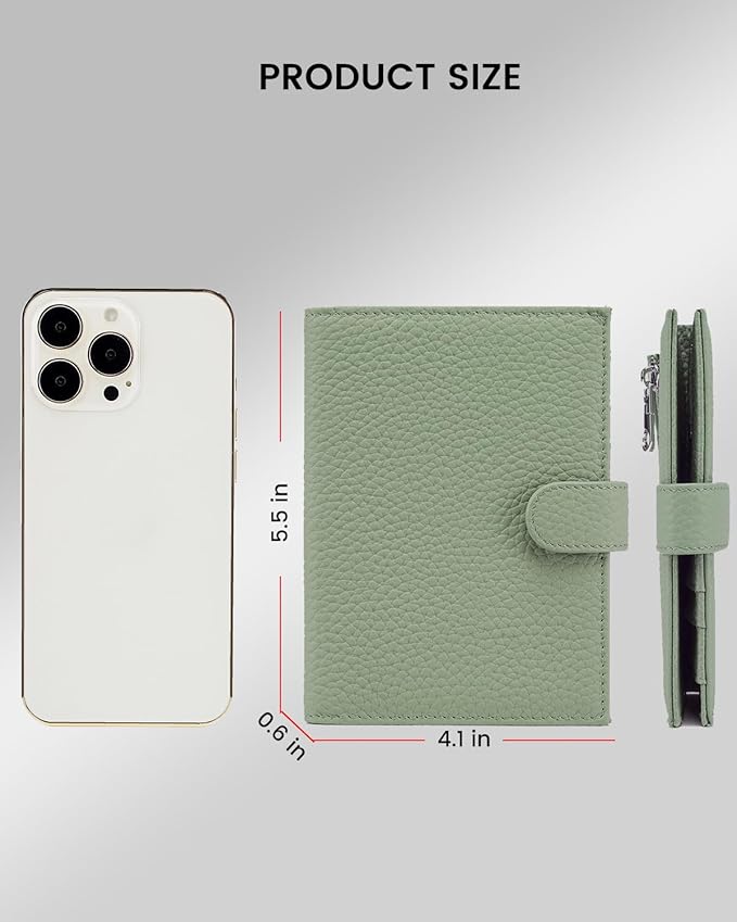 Karmiir RFID Slim Passport Holder for Women, Compact Leather Passport Wallet with Card Holders SIM Slots,Zippered Coins Pocket and Cash Compartment Travel Passport Cover Case, Light Green