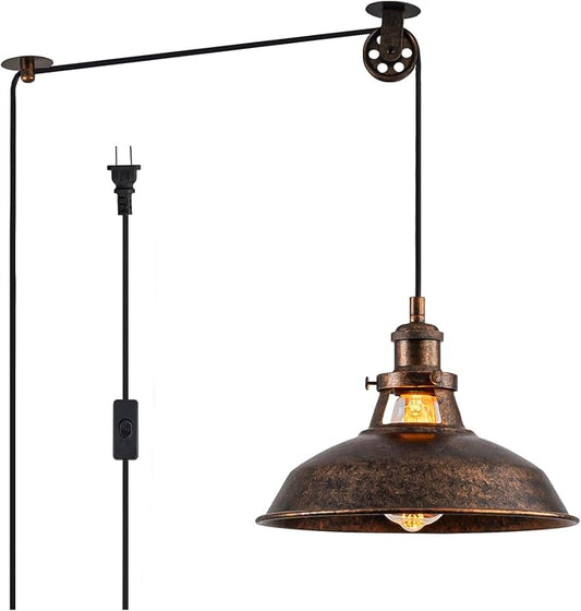 Lingkai Plug-in Pendant Light with 16FT Cord, Industrial Metal Hanging Lamp with On/Off Switch, Hanging Lights with Plug in Cord for Living Room, Kitchen, Dining Room, Bedroom