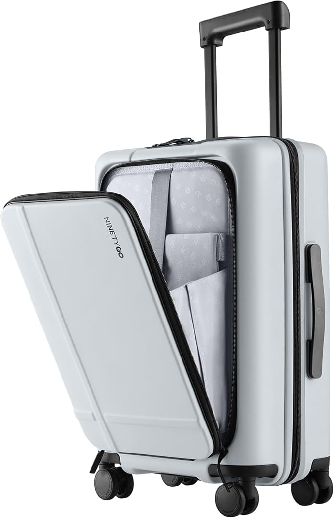 NINETYGO Carry On Luggage 22x14x9 Airline Approved, 20 Inch Suitcase with Front Compartment, Lightweight PC Hard Shell, Cup Holder, Clamshell, TSA Lock, Spinner Wheels (Charcoal Coconut Milk)