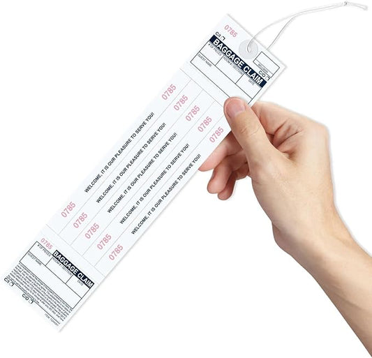 1000 The Perfect Baggage Claim Check Tags with 5 Matching Numbered Labels from 0001 to 1000. A Perfectly Integrated Label & Tag Combo. Size: 11" (Height) x 2 1/2" (Width)