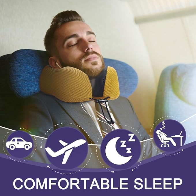 napfun Neck Pillow for Travel with Travel Pouch, Sleep Mask & Earplugs, Memory Foam Airplane Pillow for Headrest Sleep with Eyeshades, Plane Essentials with Eye Blindfold, Yellow Striped Kit