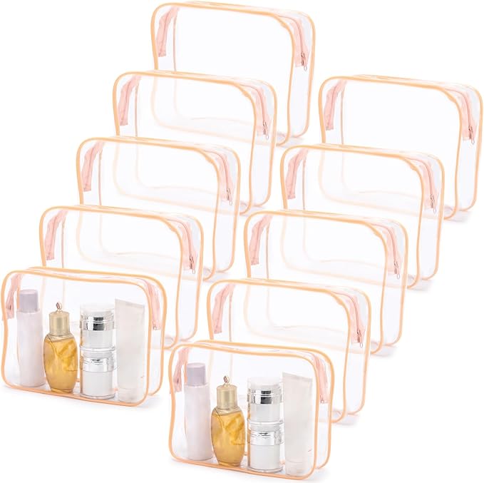 Tbestmax 10 Pack Clear Cosmetic Bags Makeup Bags Portable Waterproof TSA Approved Travel Toiletry Bags Large Organizer Peach Pink, 9.8" x 7.1" x 2.4"