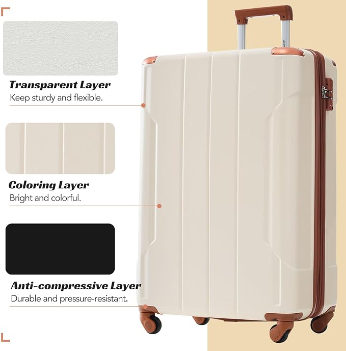 Merax Luggage Set 3 Piece Carry on Luggage, Lightweight Durable Spinner Suitcase with Corner Guards (White Brown, 20inch)