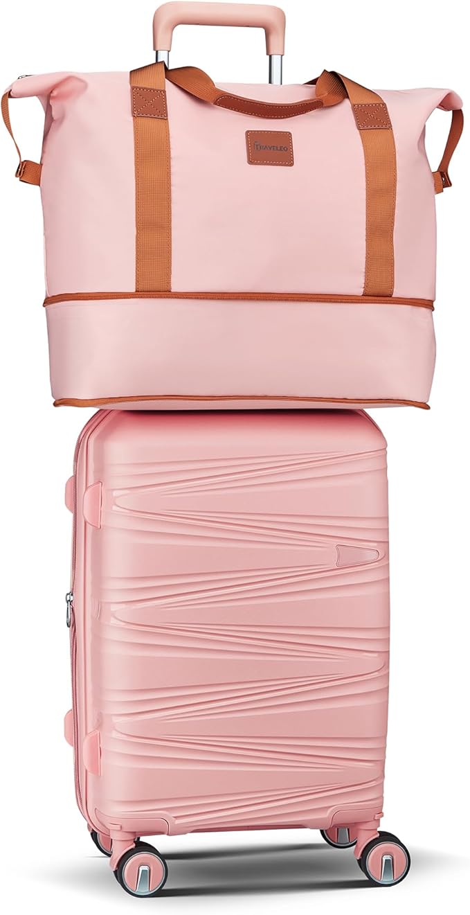 4 Piece Carry On Luggage Set 20 Inch, Expandable PP Hardshell Suitcase with Detachable Spinner Wheels & TSA Lock, Includes Cosmetic Case, Travel Tote & Toiletry Bag, Lightweight (Pink)