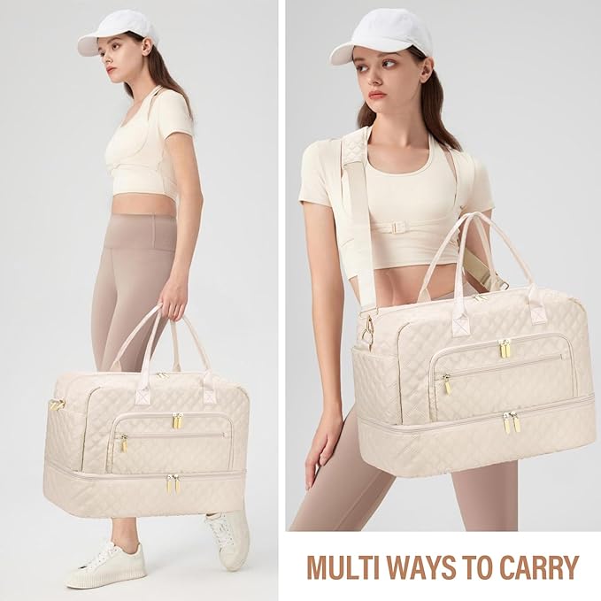 Large Travel Duffle Bag for Women,Carry on Overnight Bag Weekender Bags with Toiletry Bag Travel Bags for women with Shoe Compartment for Gym Business Trips Sport Hospital(Beige)