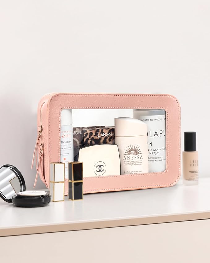 LETGO Clear Makeup Bags, TSA Approved Toiletry Bag with Zipper, Makeup Organizer for Carry-on Travel Essentials, Car Accessories Organizers Storage for Women Men (Clear-Pink)