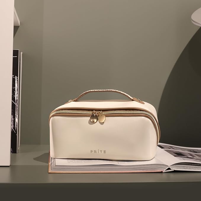 Prite Makeup Bag for Women Travel Waterproof Vegan Leather Cosmetic Bag Open Flat Toiletry Bag With Clear Divider and Handle (Large Beige Pro)