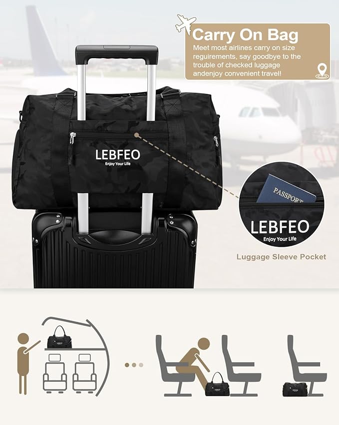 Travel Duffle Bag for Women Large Weekender Overnight Bags Gym Bag with Shoe Compartment Waterproof Hospital Bag Carry On Tote Bag for Airplanes,Camo Black