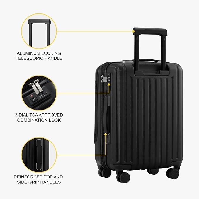 LEVEL8 Lightweight Carry-on Suitcase 20-Inch,Expandable 4 Wheel Hand Luggage, ABS+Poly-Carbonate Hardshell Spinner Trolley for Luggage with Double TSA-Approved Locks, Black, 37*24*55.5CM, Casual and