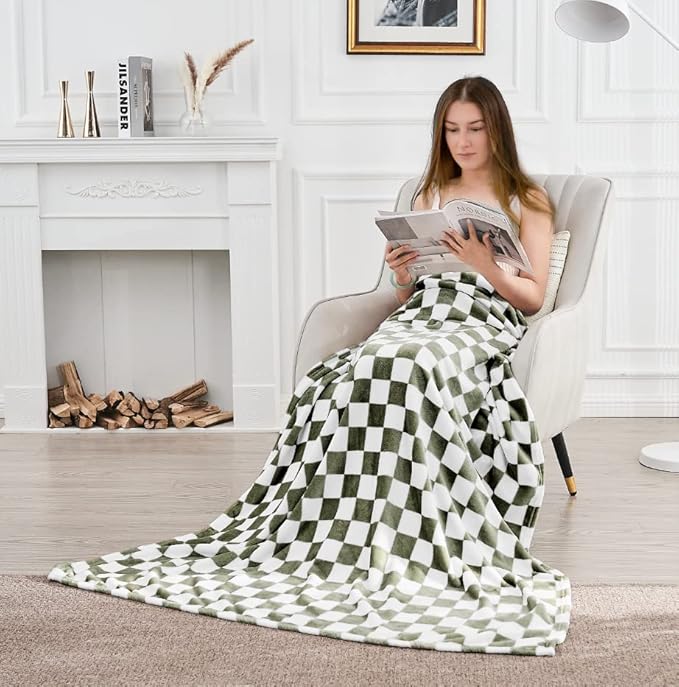 Checkered Blanket Flannel Throw Blankets Soft Cozy Checkered Grid Print Chessboard Gingham Pattern Throws for Bed Sofa Couch for All Seasons, 60x80 Inch, Dark Olive
