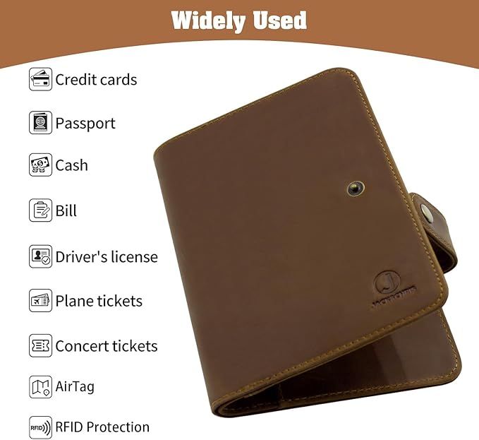 Jack&Chris Genuine Leather Handmade Passport Holder For Travel, RFID Blocking Passport Holder with Card Slots, Travel Essentials wallet with Pen Holder for Women and Men for Gifting, Brown