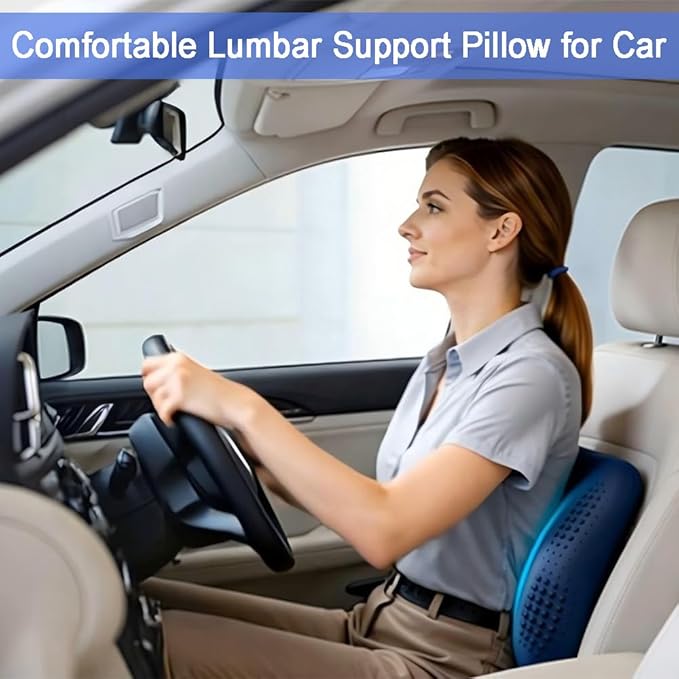 Lumbar Support Pillow, Inflatable Rubber Lumbar Pillow for Lower Back Pain Relief - Car Back Cushion for Driving - Lumbar Support for Car-Office Chair, Massage Points, Adjustable Firmness, Blue