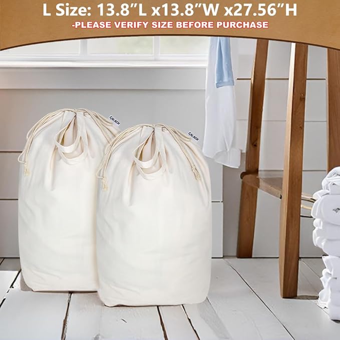 Canvas Laundry Bags with Handles & Square Base13.8"Lx13.8"Wx27.6"H, Large Heavy Duty Laundry Hamper Bag, College Dorm Washable Drawstring Canvas Dirty Clothes Sack (Beige,2 Pack)